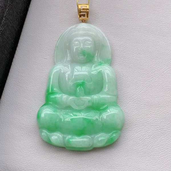 天然A货翡翠水润飘绿观音18k金吊坠翡翠玉石挂件