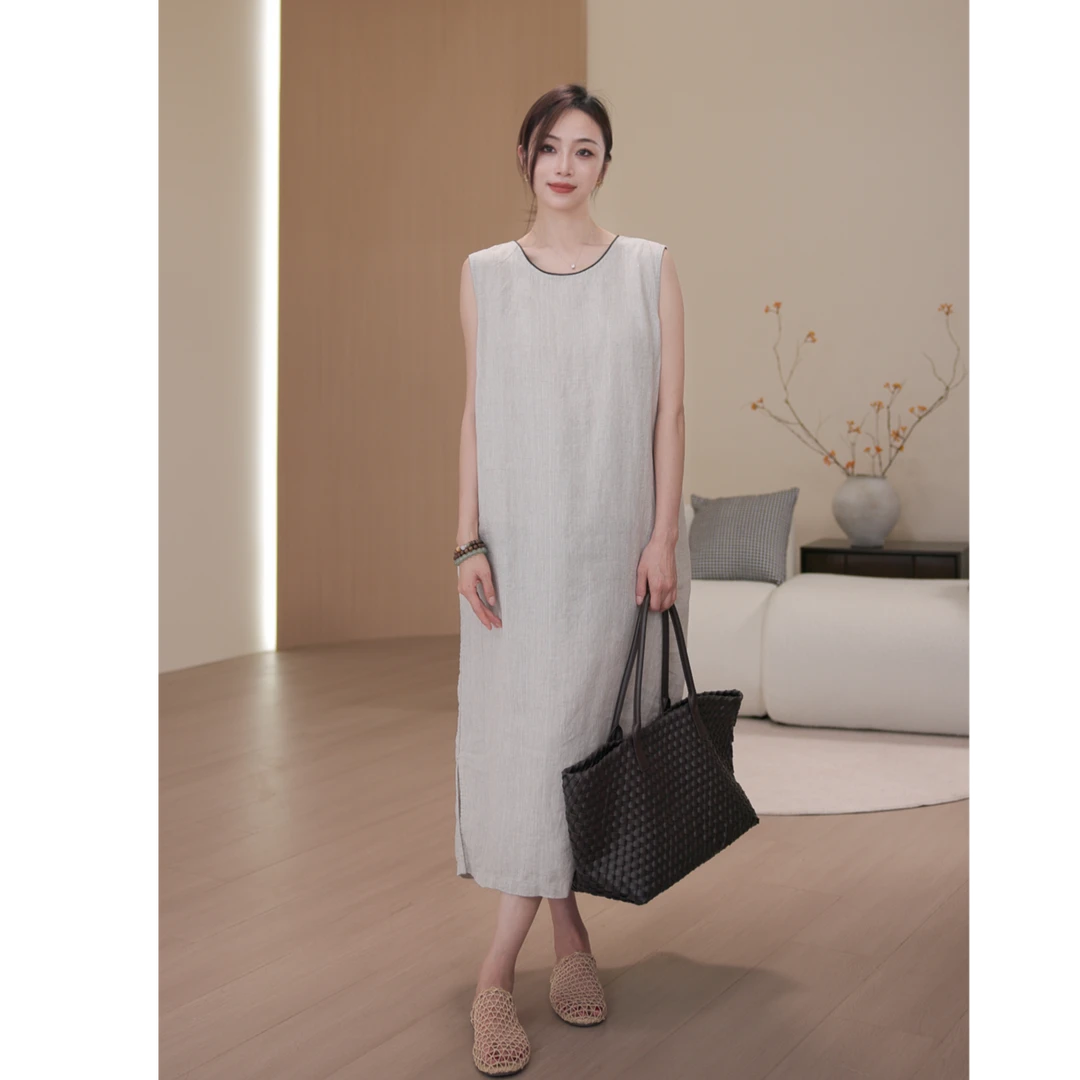 圆领撞色侧开叉诺曼底雨露显瘦无袖连衣裙女JX175