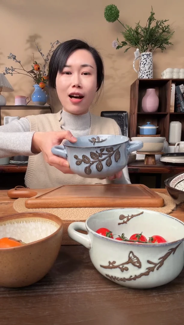 6英寸复古窑变蓝叶子双耳碗微瑕