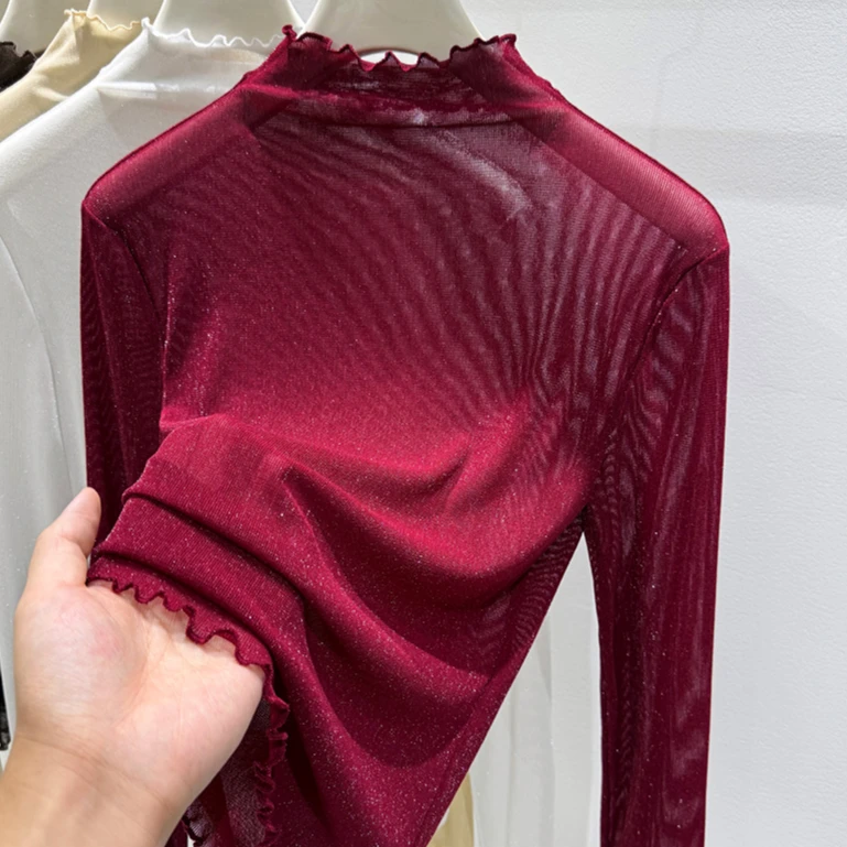 半高领网纱打底衫女春季2025新款洋气内搭木耳边薄纱透肉蕾丝上衣