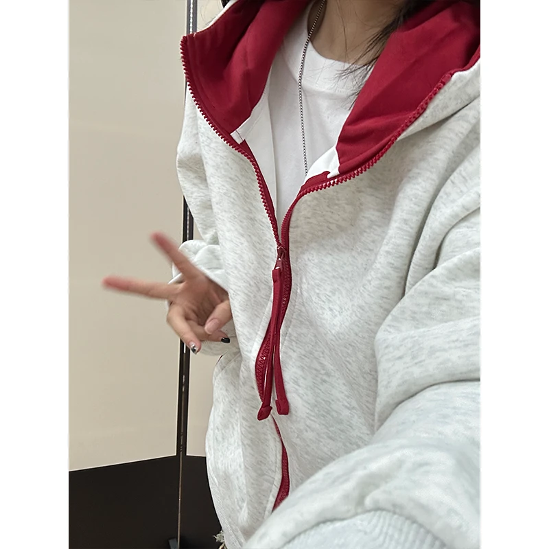 花灰色拼色连帽卫衣开衫男款秋季重磅情侣外套cleanfit硬挺夹克