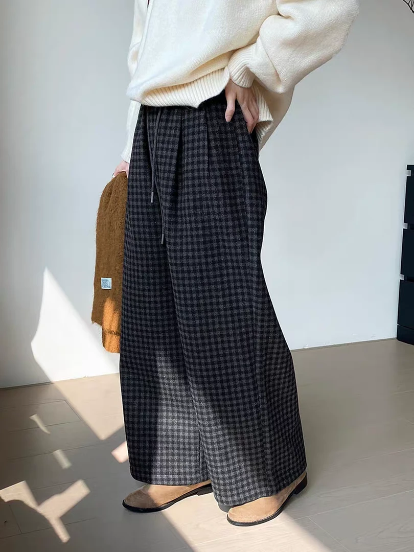 【加绒~自产自销羊绒弯刀裤】秋冬老钱风毛呢格子休闲弯刀裤