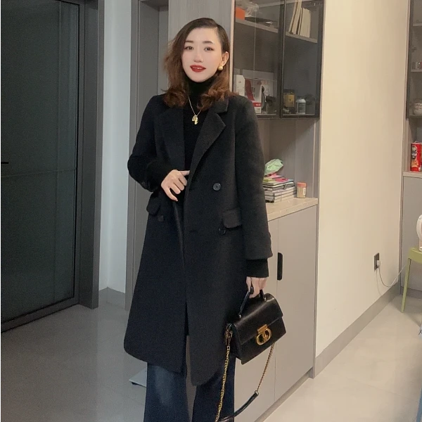 【彦小彦】双面呢羊毛大衣韩版女士秋冬长款四粒扣毛呢外套016#