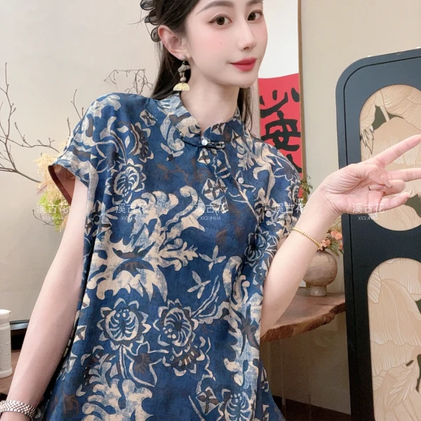 【青花瓷】2025夏季新款小飞袖百搭显瘦新中式短袖女日常时尚