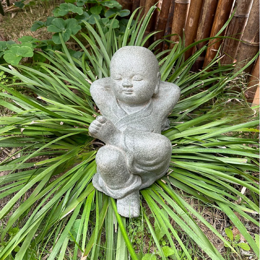 躺平沙弥 石头禅意小和尚摆件 庭院造景装饰摆件