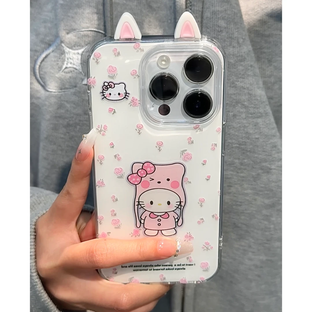 雅天立碎花KT猫耳朵适用苹果16手机壳iPhone15女华为vivo小米oppo