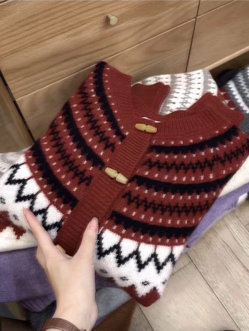 七言家 竹扣战袍红织花加厚开衫1