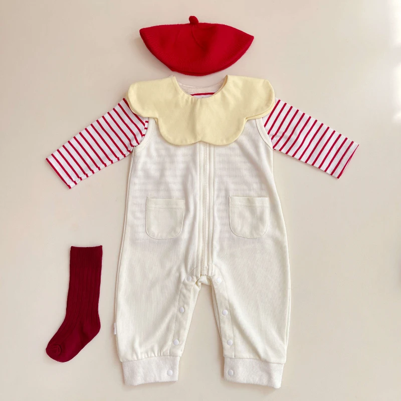 呱呱Baby条纹婴儿宝宝连体春秋三件套丨条纹长袖+无袖连体衣+帽子