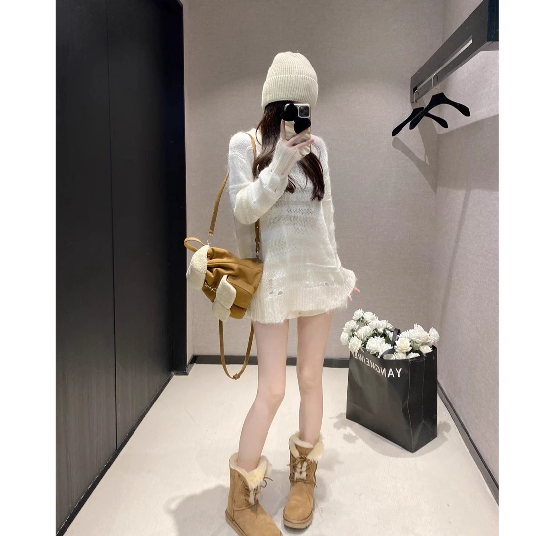 【现货】2025春秋新款毛衣女宽松慵懒风白色高级感超好看针织衫上衣