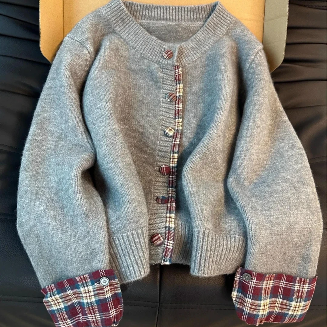 拼接格子假两件毛衣开衫秋冬新款圆领百搭针织上衣MZ042