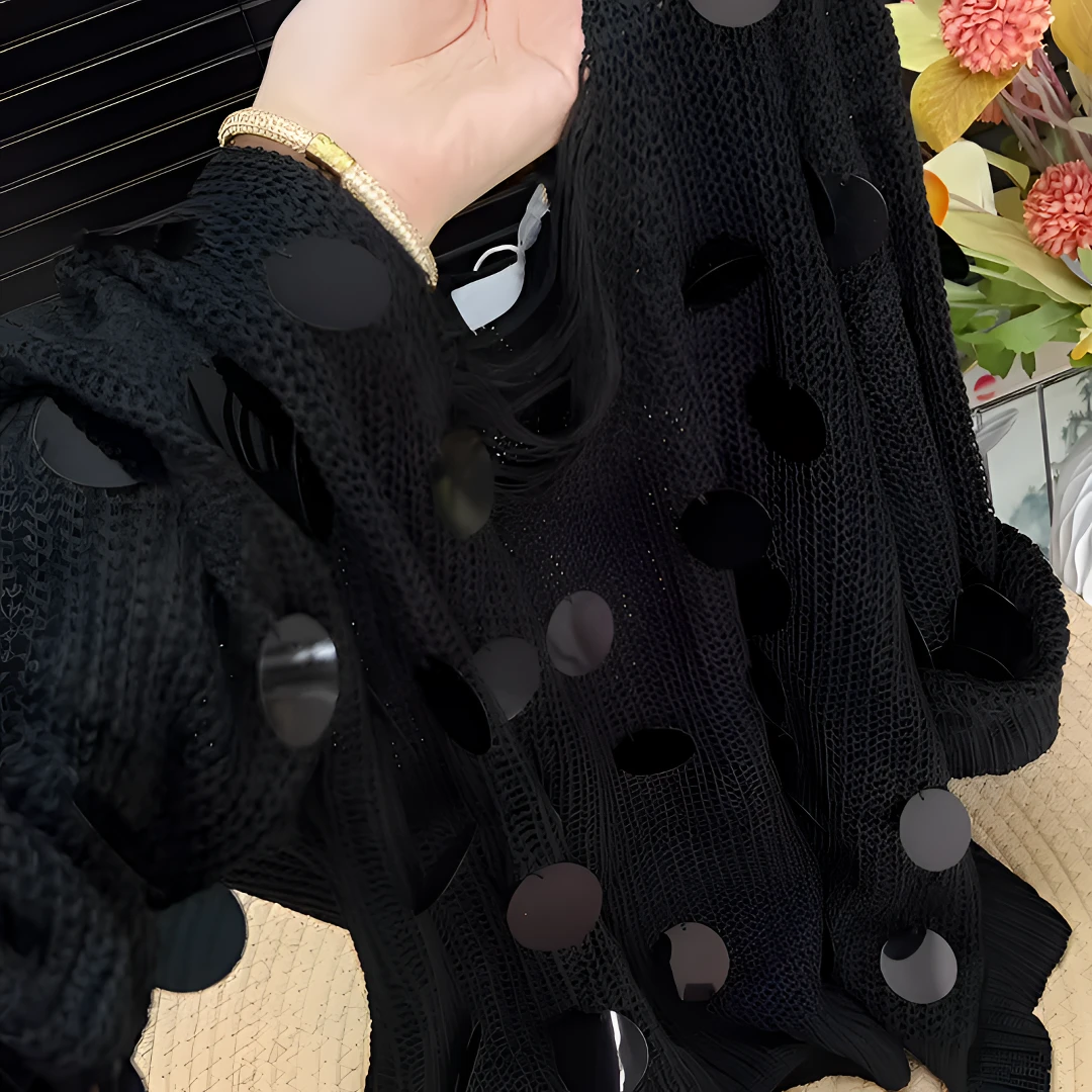 法式亮片圆领长袖纯色黑色上衣女2025早秋小众高级感设计感打底衫