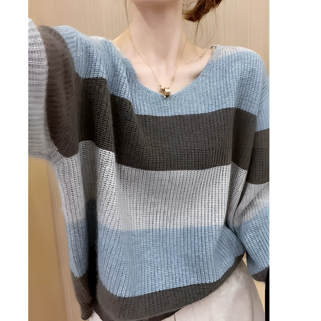 条纹软糯针织打底衫女秋冬新款时尚显瘦半高领毛衣075