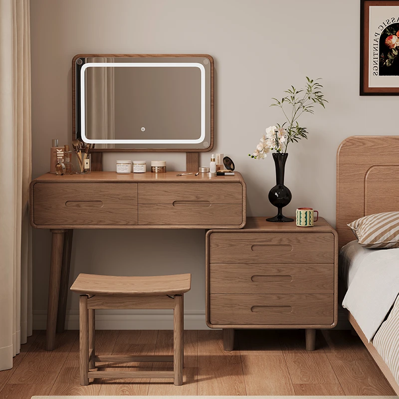 中古风柜子梳妆台收纳柜一体全实木小户型可伸缩三六斗柜化妆桌柜
