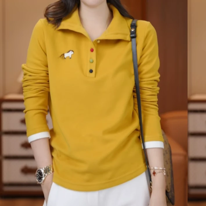 【彩扣小马】莱赛尔长袖宽松型女士olt恤翻领女士秋冬休闲薄款T恤