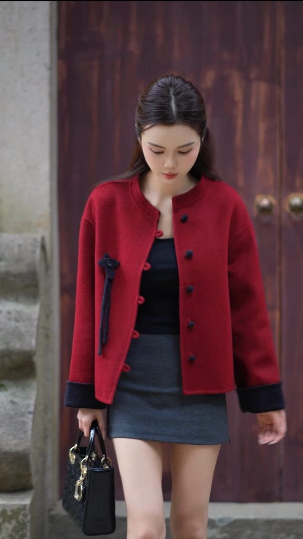 短款新中式正反两面穿双面羊绒款大衣#661612小香风秋冬时尚百搭