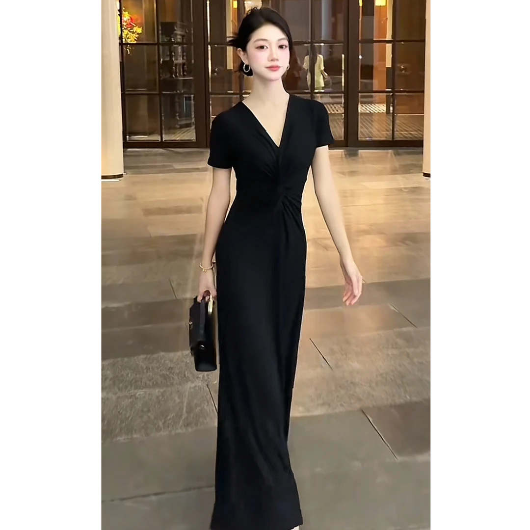 法式V领后妈裙显瘦气质夏季收腰修身2025新款连衣裙3002