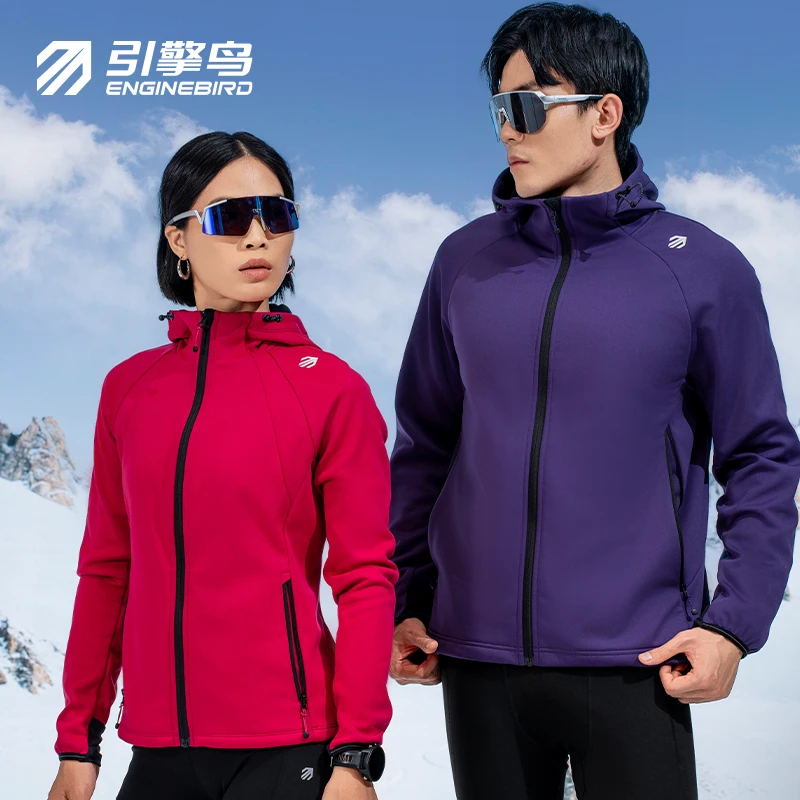 引擎鸟暖翼方格拉绒连帽跑步外套蘑菇头加绒防风秋冬晨跑运动服男