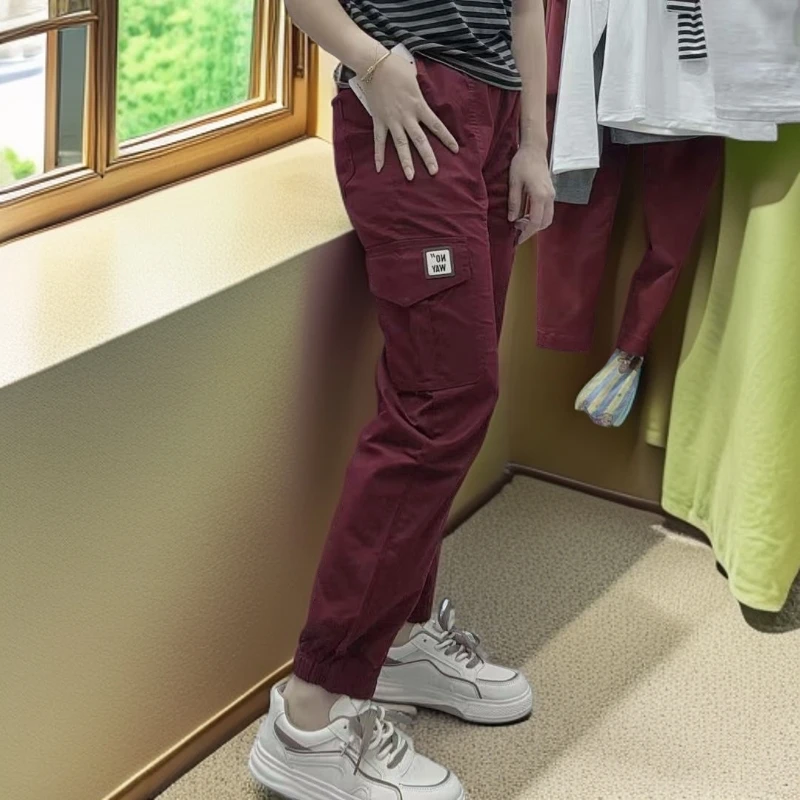 《丽丽家》春秋季刺绣工装裤束脚百搭时尚九分裤口袋休闲裤子7630款