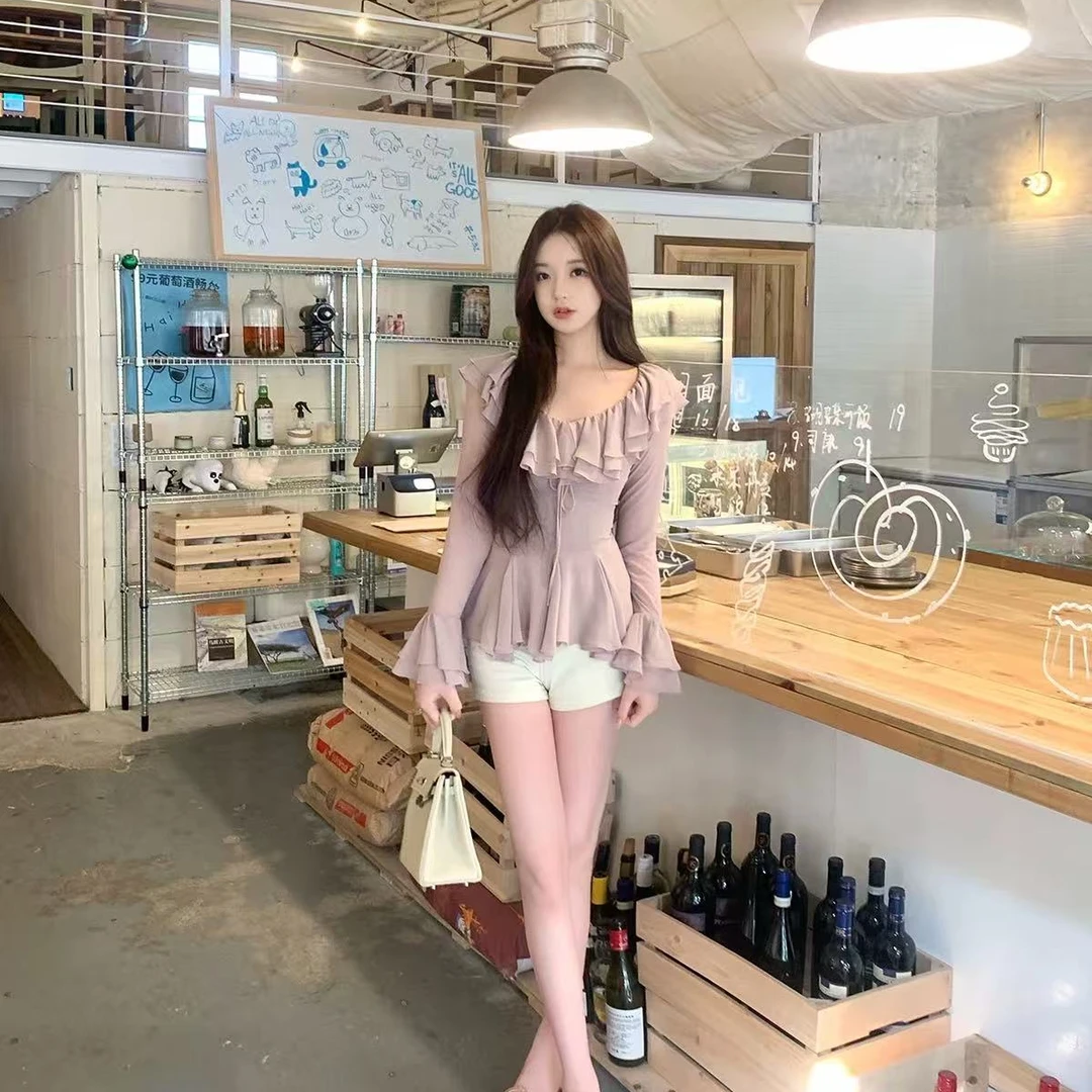 梦梦 MENGMENG｛蝴蝶烟紫 新款收腰显瘦气质大圆领长袖上衣}