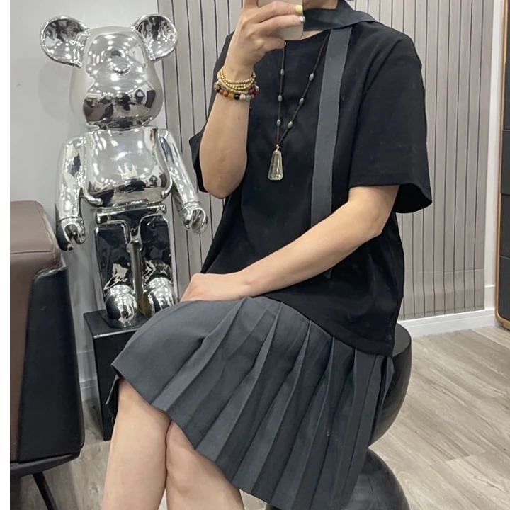 欧洲站2025年夏季新款时尚拼接下摆百褶T恤裙女圆领短袖宽松裙子