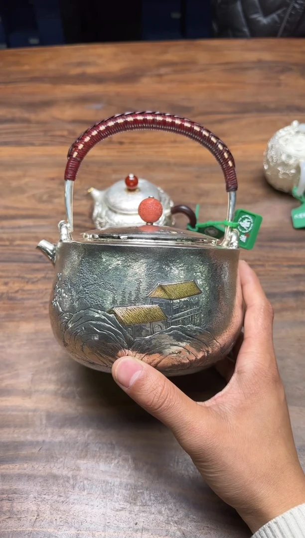 风**落呆坐 浮雕錾刻嵌金秋山待渡 提梁煮水壶