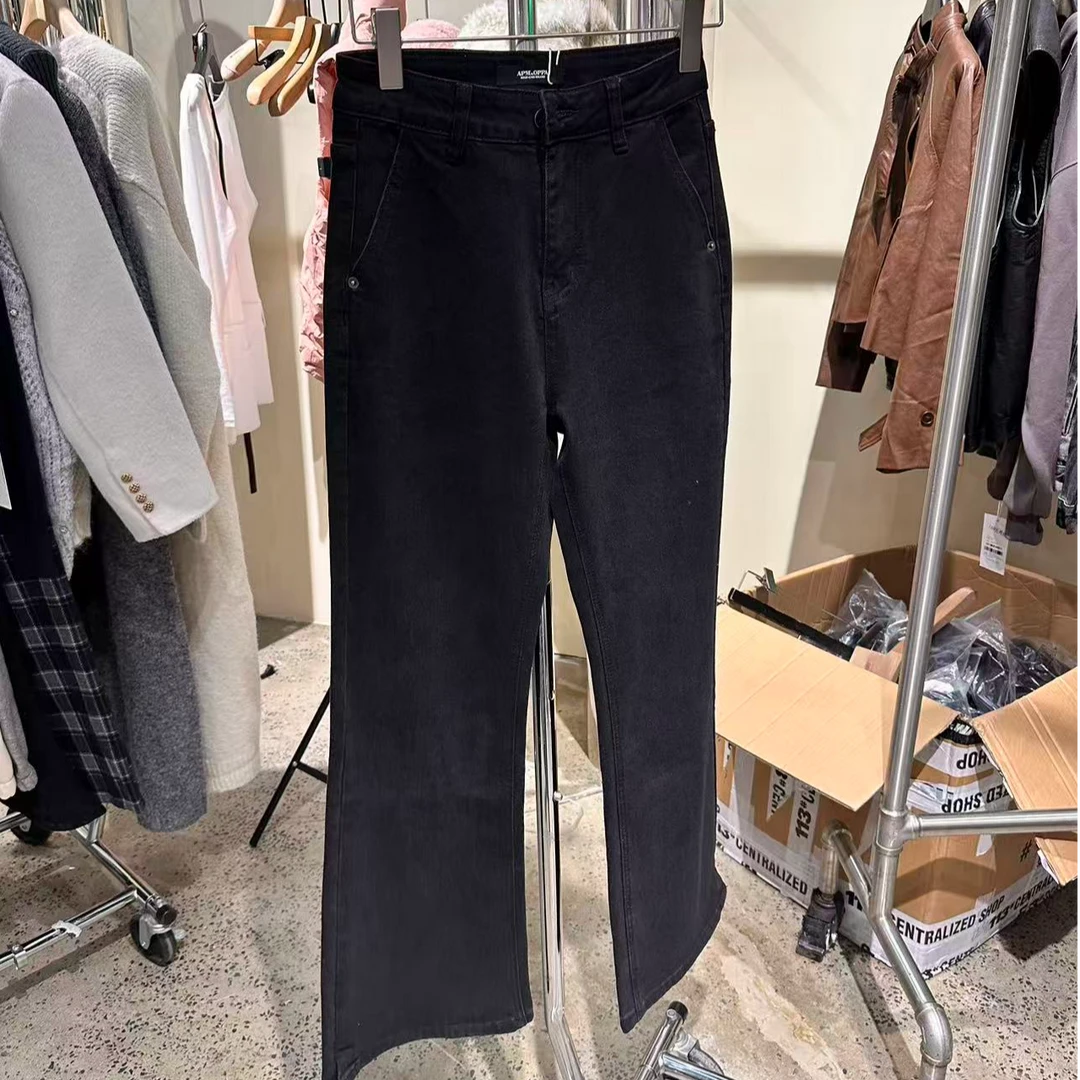 女春秋冬水洗中腰厚款高腰牛仔裤黑色长裤阔腿女士X8B2141430