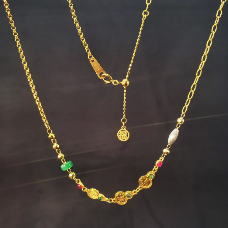 18K金天然A货翡翠多福葫芦金珠项链套链 G7239