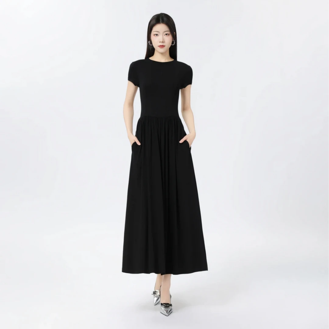 哥弟新款冰丝面料赫本风连衣裙显瘦气质长款850001