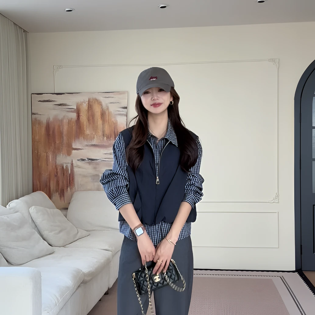 【余欢欢】秋季百搭休闲时尚马甲格子衬衫拼接假两件-YHW50746