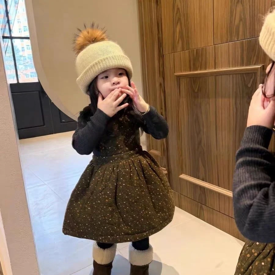 女童连衣裙儿童公主裙冬装2025新款夹棉保暖加厚波点宝宝背带裙潮