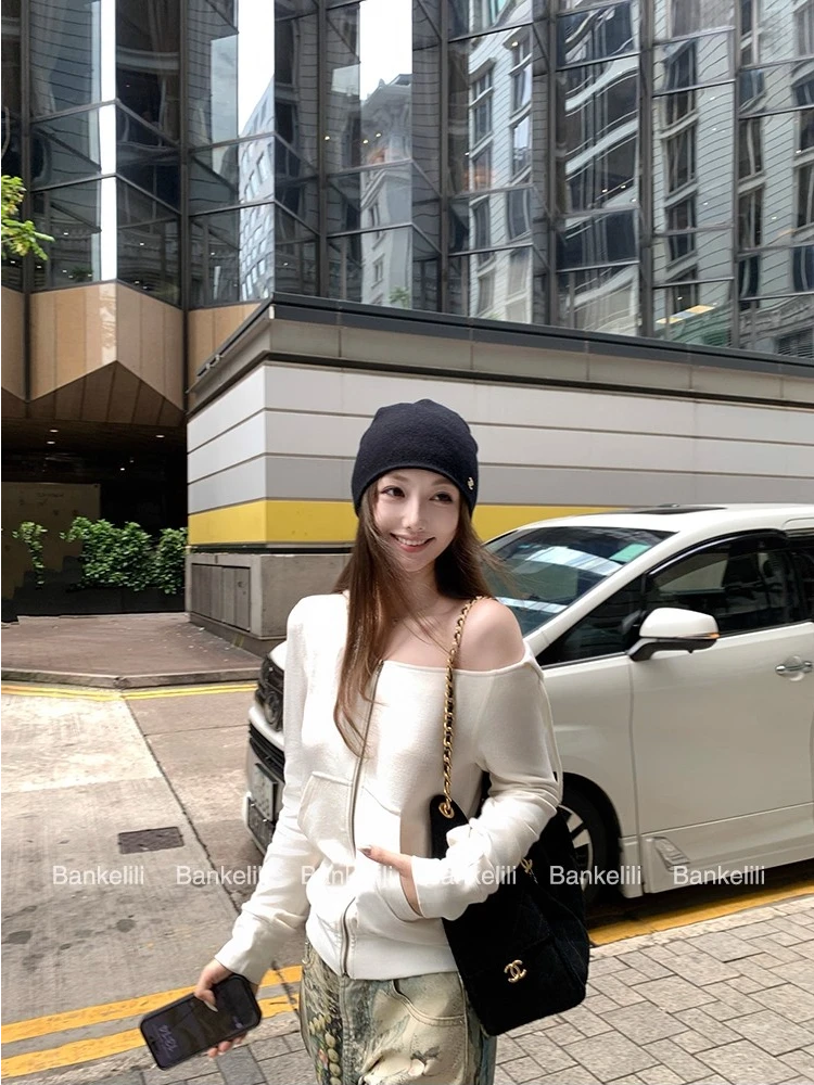 板栗可可Bankelili'人间缪斯'薄款斜肩连帽卫衣拉链外套女早秋