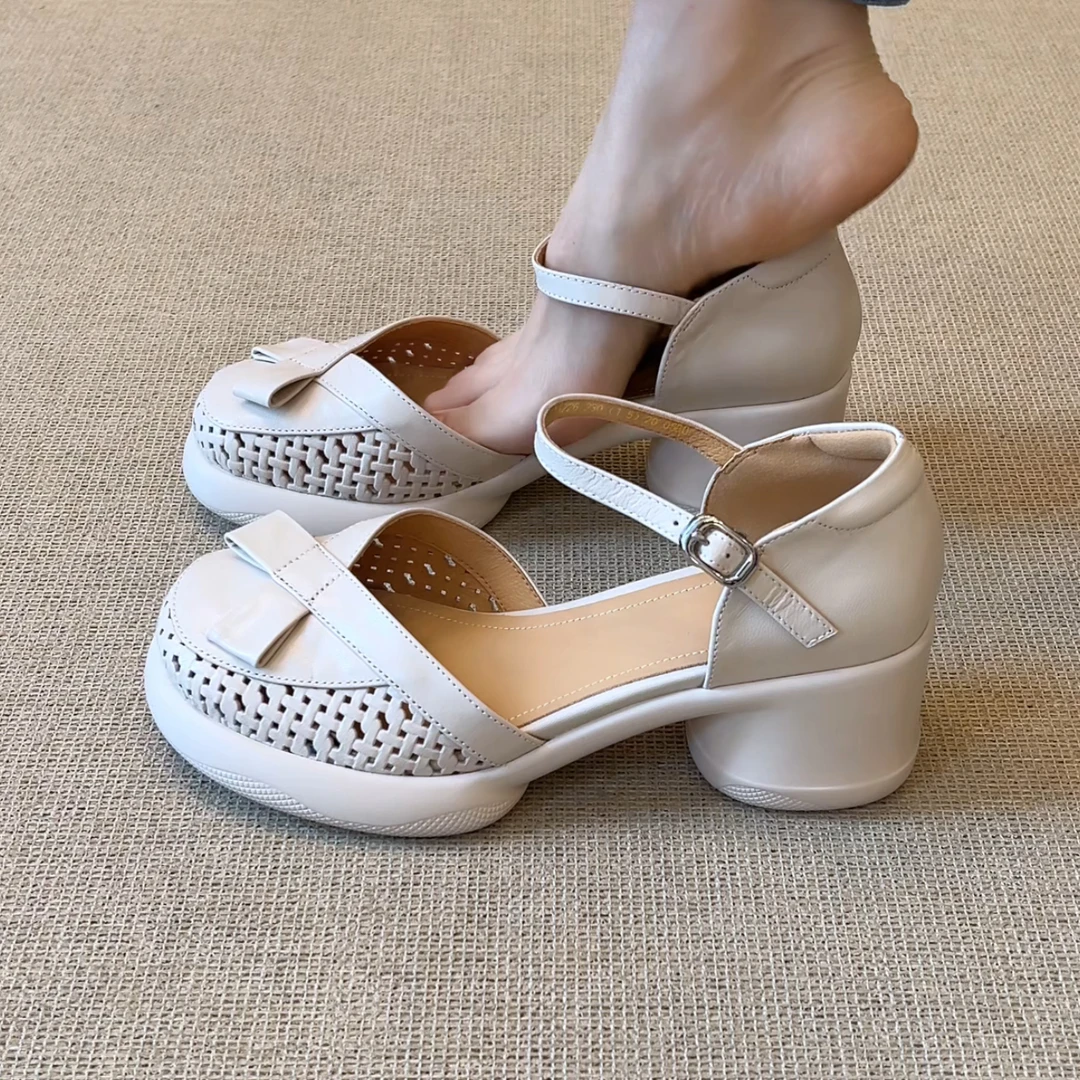 RubyL/6cm小个子休闲通勤镂空透气舒适百搭圆头纯色粗跟包头凉鞋