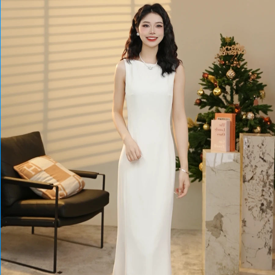 GIRDEAR/哥弟新款收腰显瘦无袖性感纯色中长款鱼尾连衣裙1500486