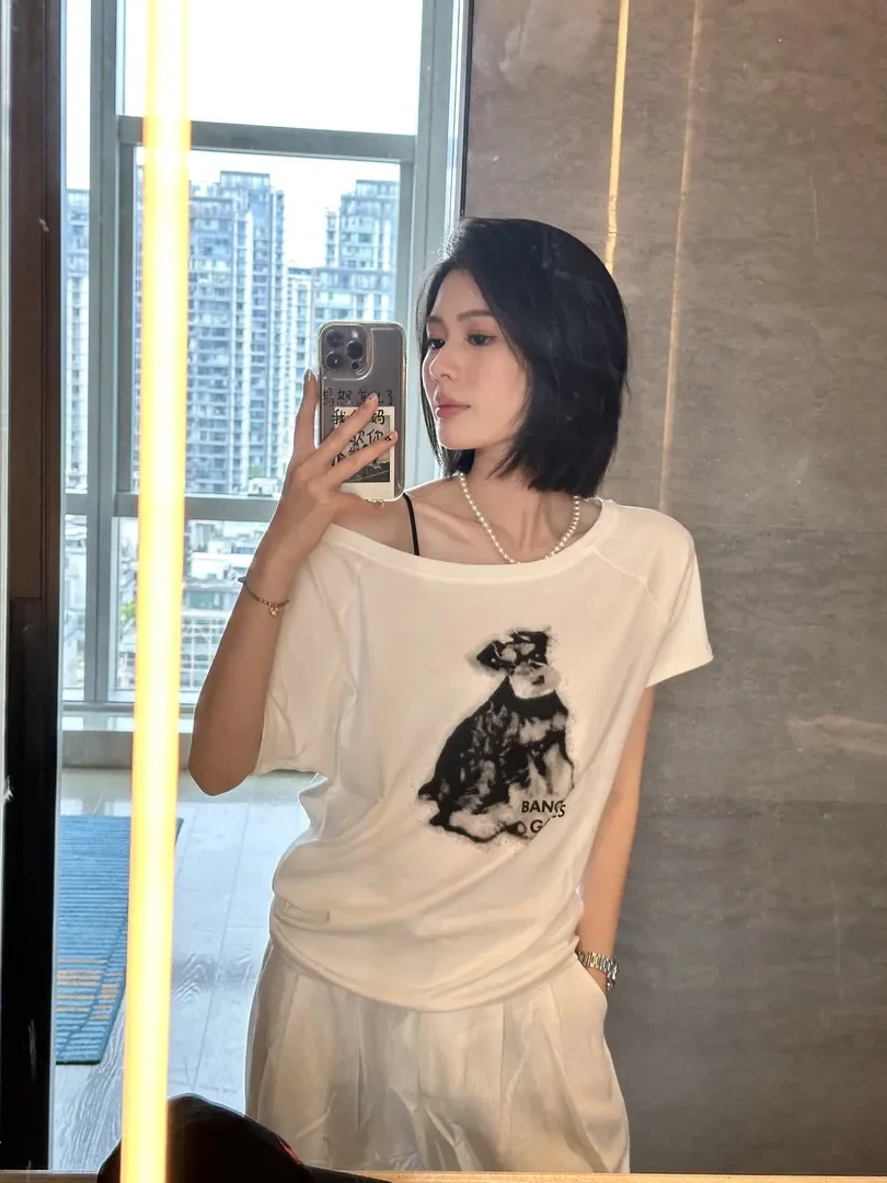 印花一字肩斜肩短袖T恤女2025新款时尚百搭