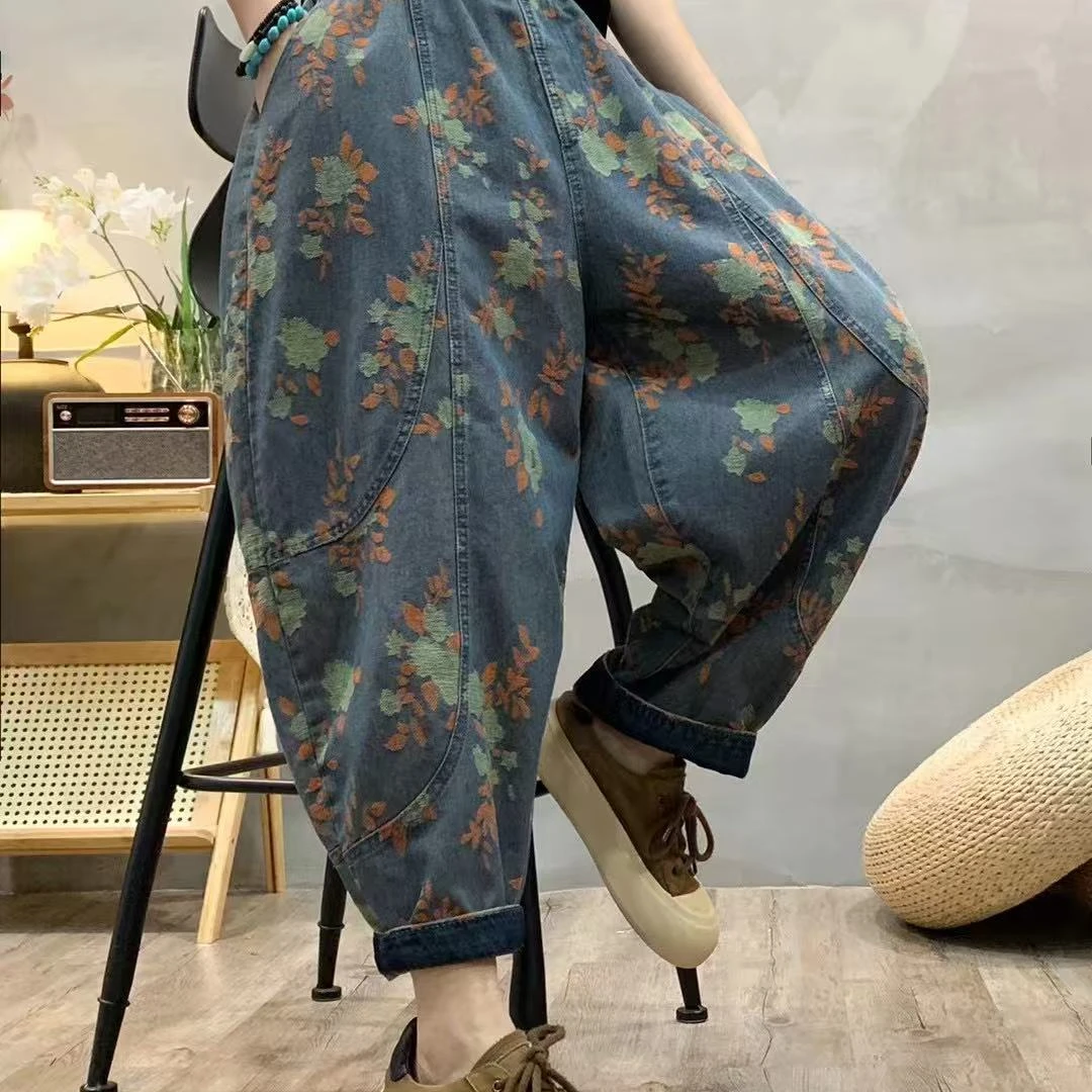 FWS-86229春季新款个性印花设计感老爹牛仔裤宽松休闲文艺百搭