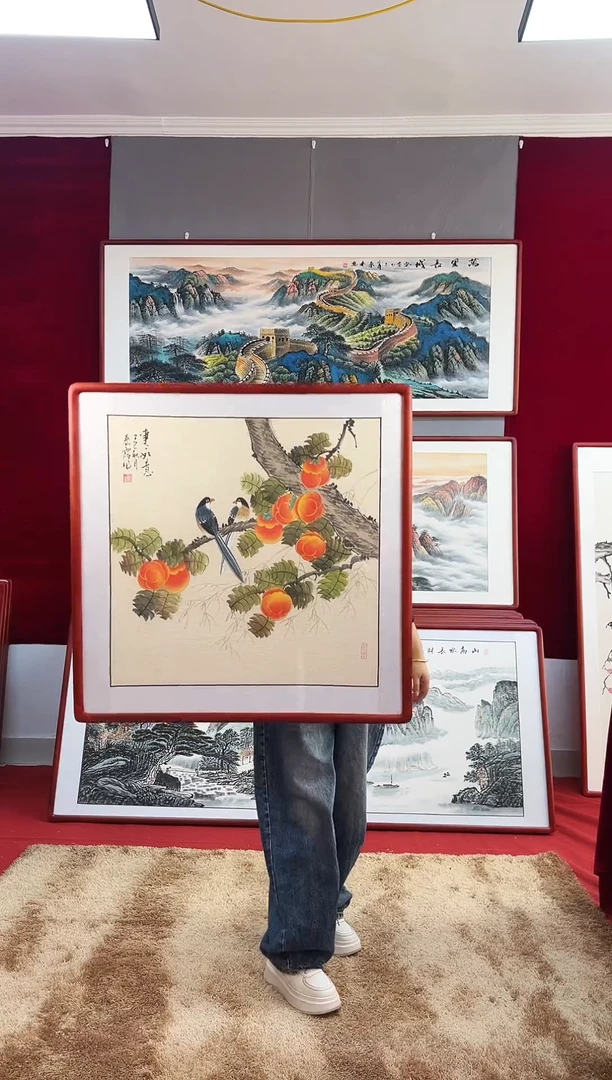 国画手绘柿子83*83尺寸