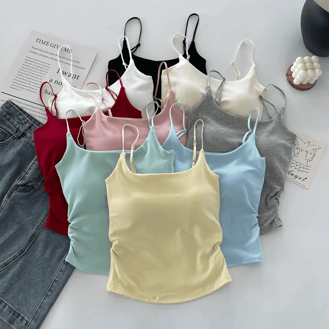 夏季纯欲设计感甜辣褶皱吊带背心女外穿内搭带胸垫修身美背上衣