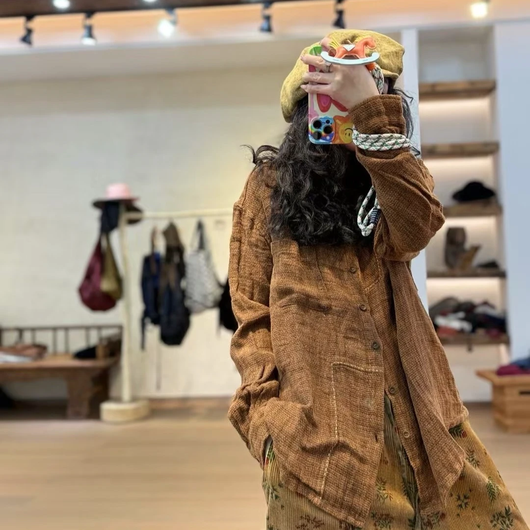 衣牧了然色织粗麻手工立领长袖衬衣241130水洗休闲