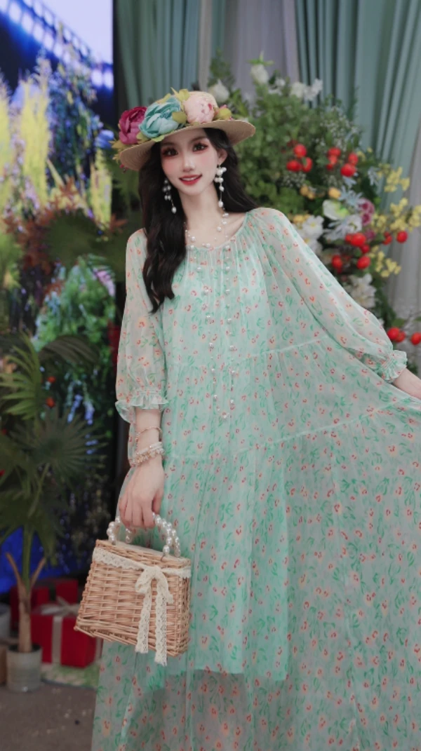 （芙蓉仙子）25夏新款浪漫度假真丝气质宽松长款女装连衣裙251D770