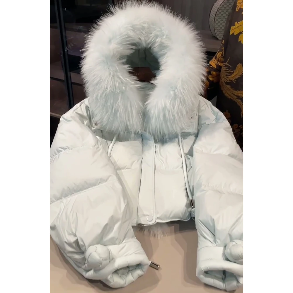 大毛领连帽泡芙棉服女2025年冬季新款短款保暖宽松纯色面包服外套