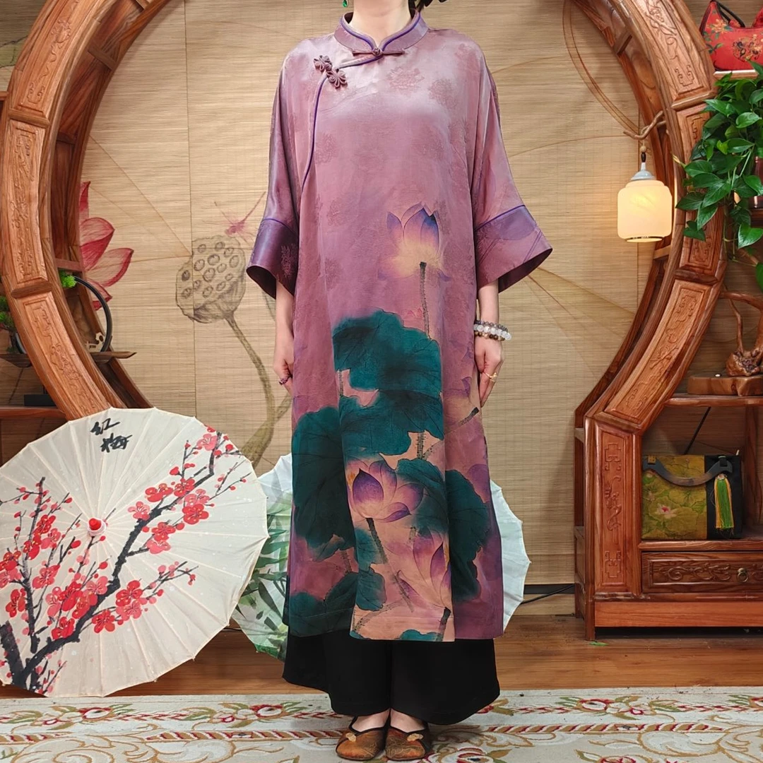 40姆米100桑蚕丝红云纱双面提花荷韵悠然斜开襟时尚连衣裙新中式