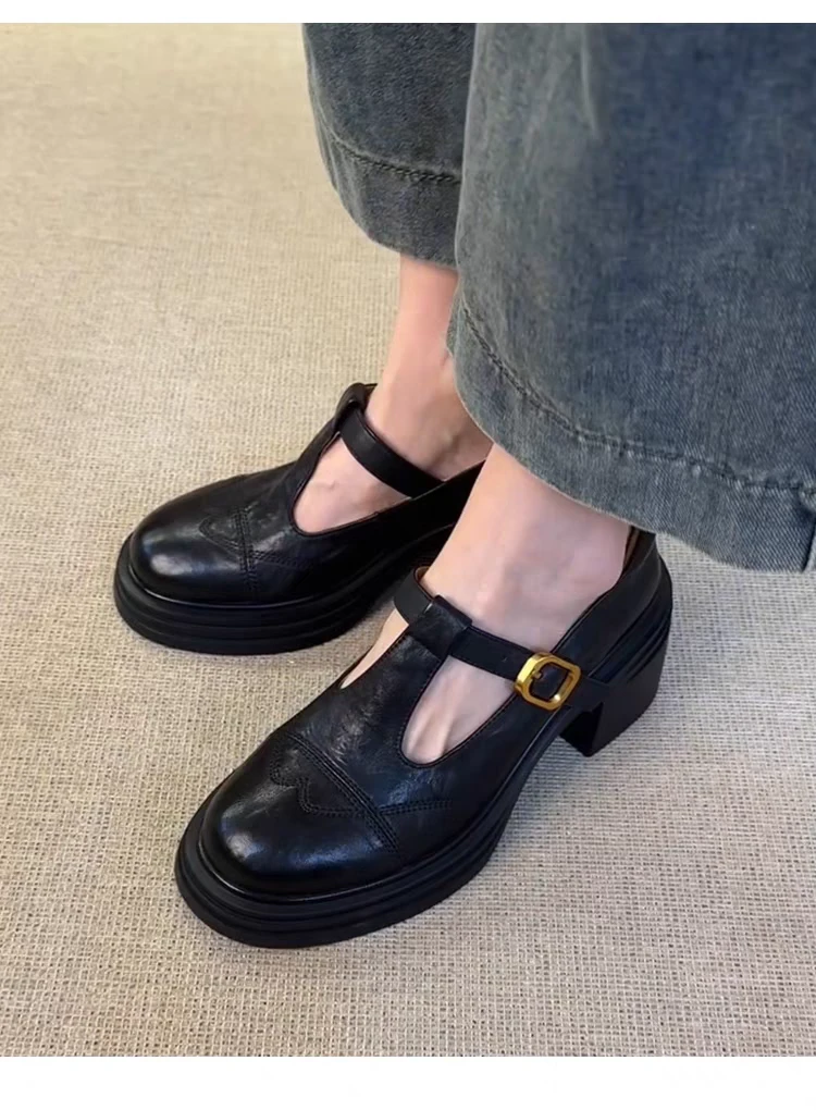 羊皮真皮复古厚底T字带圆头浅口高跟单鞋软底不累脚百搭小众鞋子