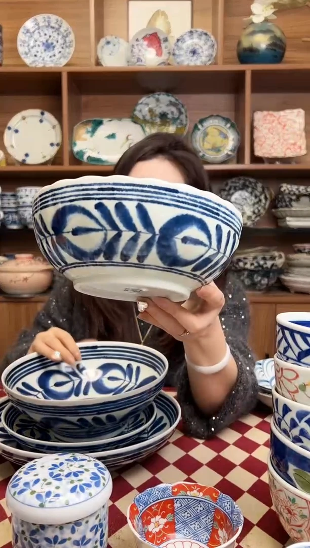 【闪购商品】瓷片蓝海草19cm花边大碗