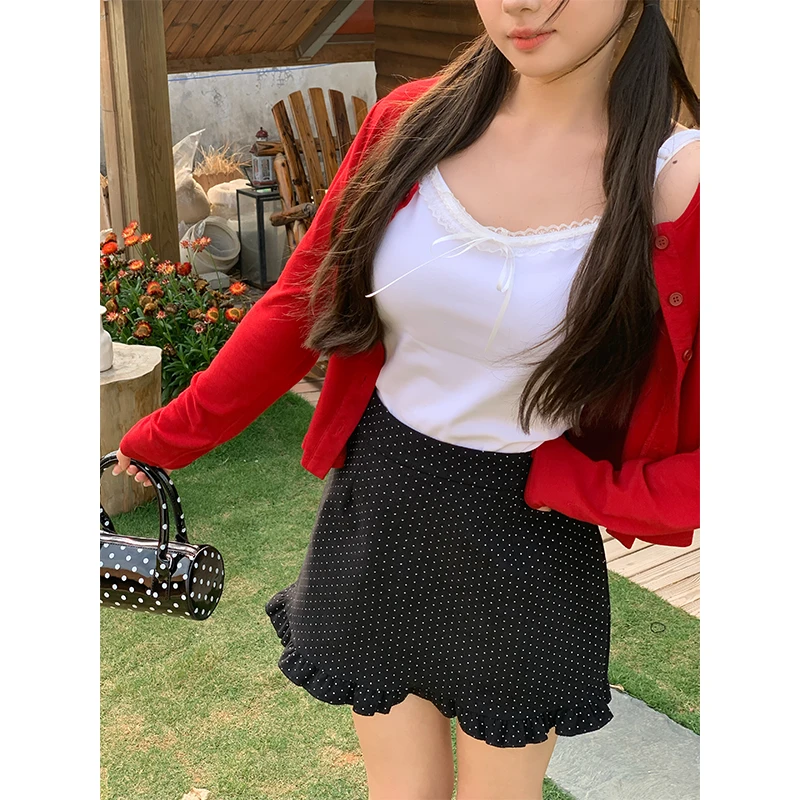 现货【星河缪斯】Dottie Ting面包微胖定制高腰波点木耳边A字短裙