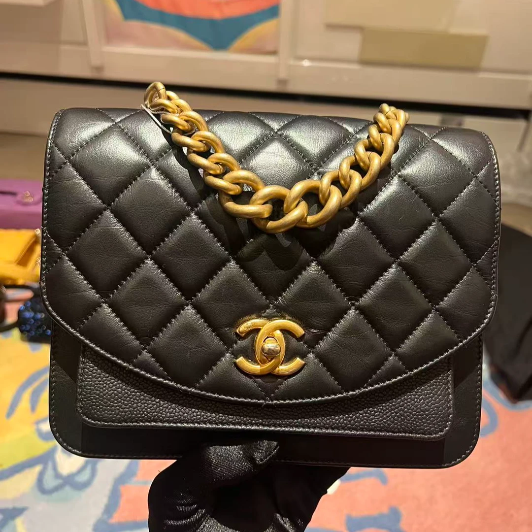99新 Chanel/香奈儿 壹臻包展/黑金拼皮口盖包