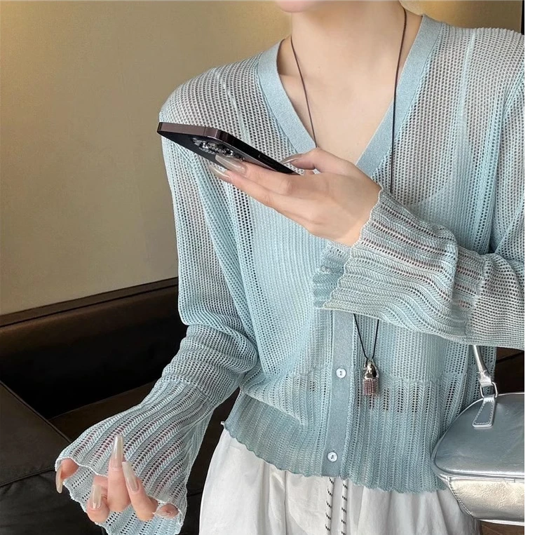【莱赛尔亚麻】春夏季新款V领短款纯色薄款针织开衫女外搭防晒外套