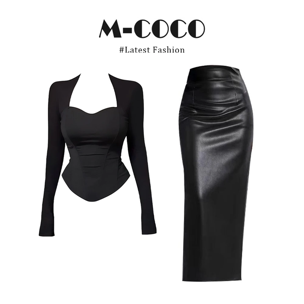 【同款性价比】韩系辣妹纯欲风方领修身坎肩长袖上衣包臀半身裙女装