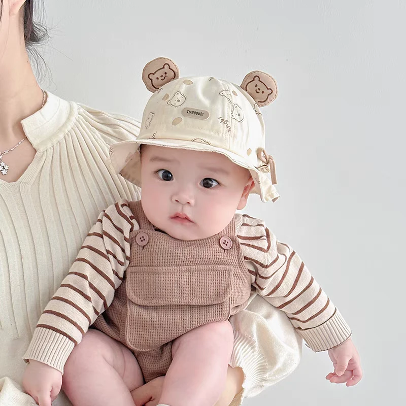 宝宝帽子春秋款渔夫帽可爱小熊薄款透气防晒帽婴幼儿盆帽遮阳帽韩