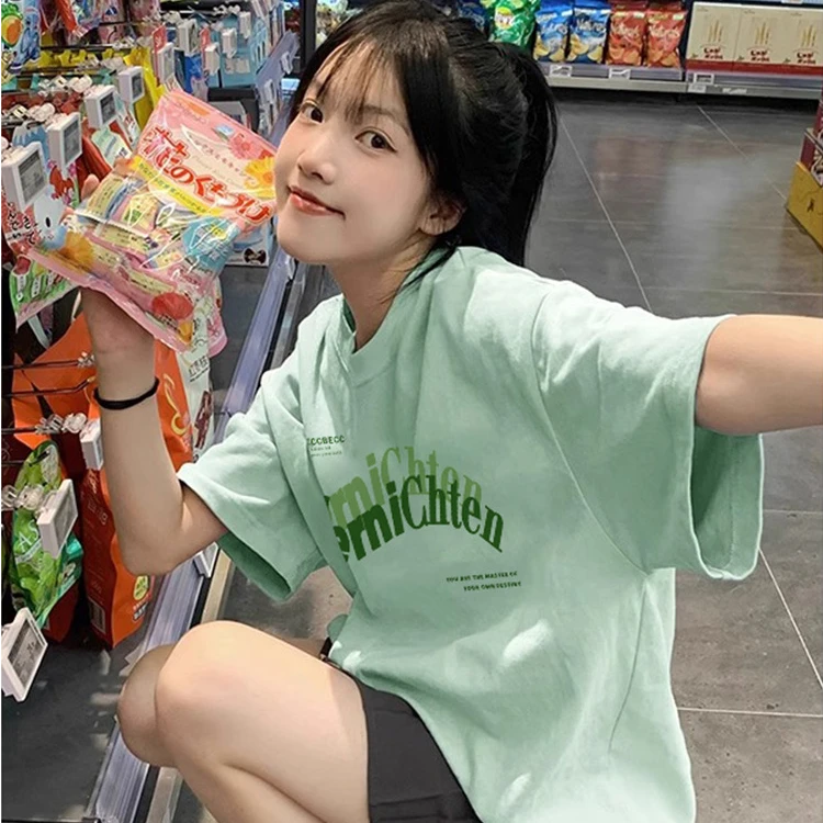 100%纯棉曼波风薄荷绿短袖t恤女夏季多巴胺穿搭美式宽松半袖上衣