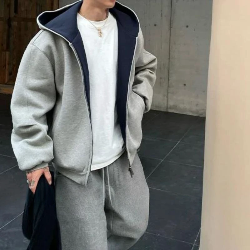 「撞色厚款1000克」双拉链连帽开衫卫衣男廓形秋冬外套重磅慵懒风